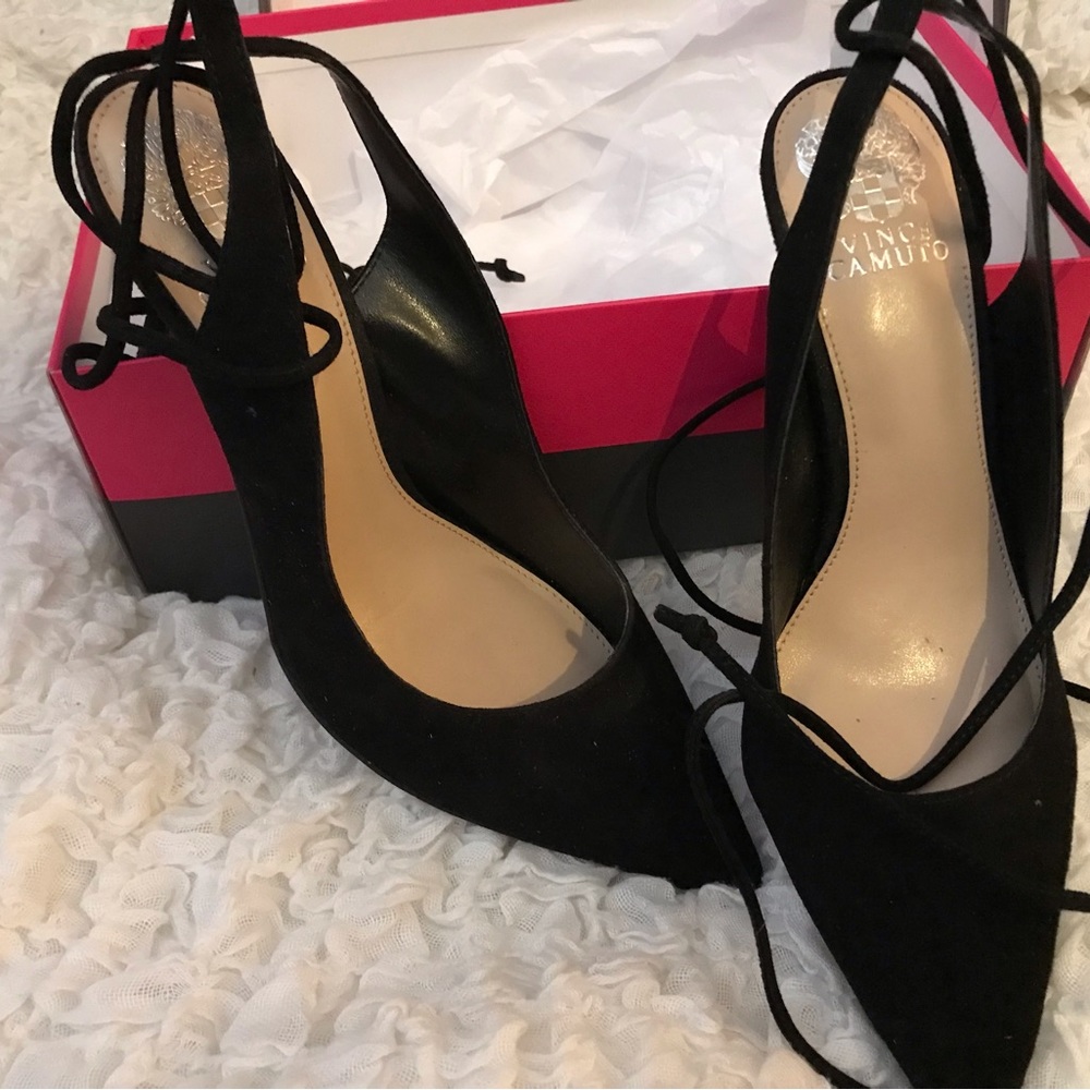 Vince Camuto Closed Pointed Toe with tied ankle straps. 3-1/2 inch heel.